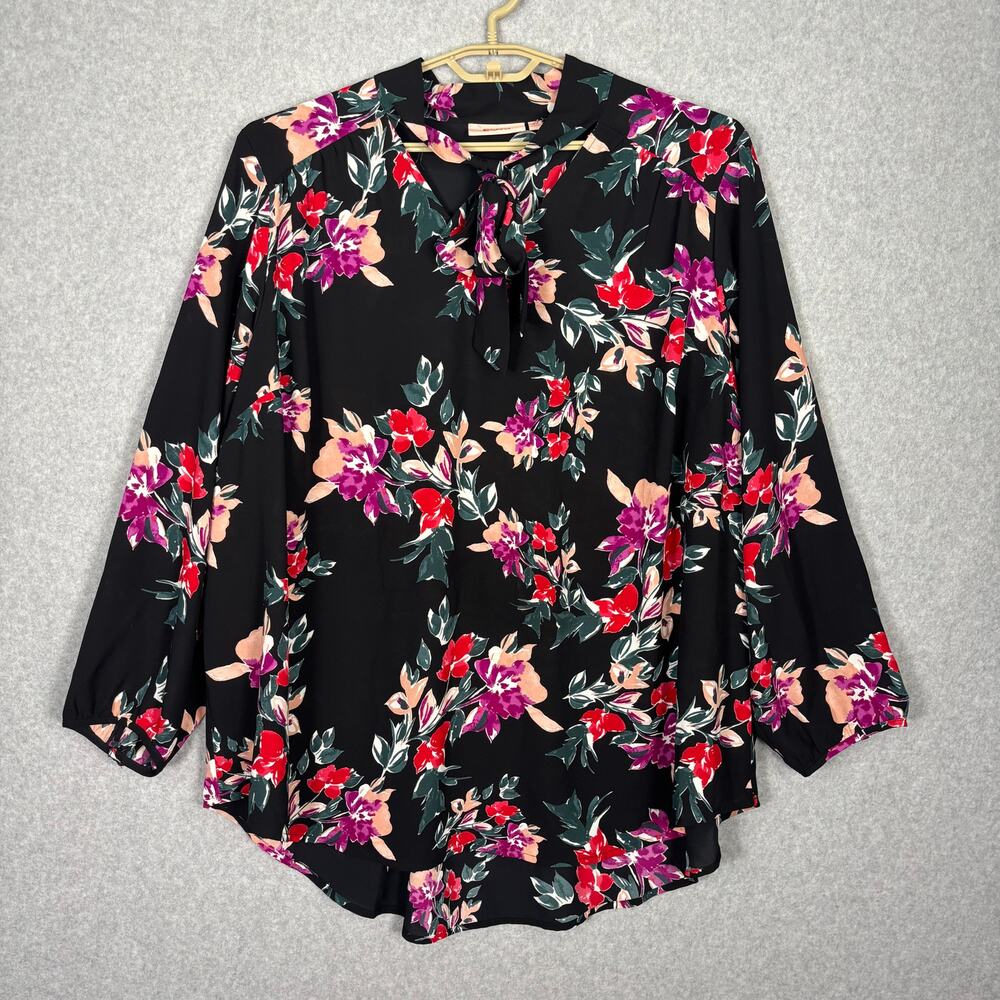 EVRI Floral Blouse 3X Neck Tie Tunic Dark Romantic Festival Career Church Twee